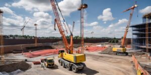 construction site in West Midlands with cranes and workers