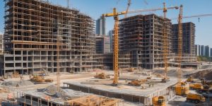 Construction site with cranes and workers.