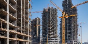 Construction site with cranes and workers