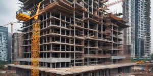 Construction site with cranes and scaffolding