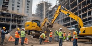 Workers in safety gear at a construction site